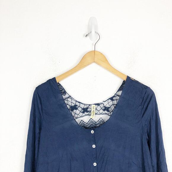 Free People Easy Breezy Jersey Lace Back Tee Smal Navy Blue Long Sleeve - Picture 4 of 13